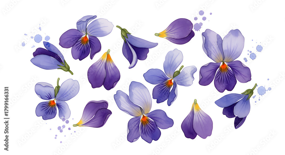 Obraz premium Scattered collection of delicate purple violets with water droplets, perfect for spring and floral designs