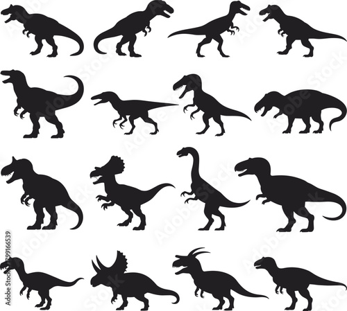 Dinosaur silhouettes collection, prehistoric animal shapes, extinct species icons, black vector dinosaurs, educational paleontology graphics, flat vector illustration