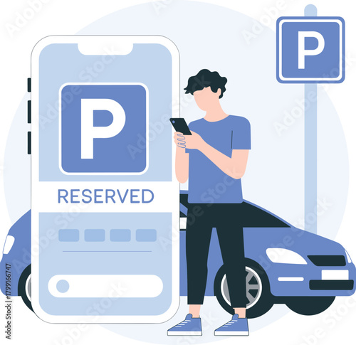 Mobile app parking reservation concept, digital car parking system, smartphone interface, urban parking solution, technology usage scene, flat vector illustration