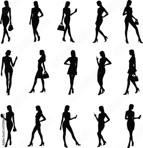 Stylish woman silhouette set, fashion pose icons, elegant body language, modern outfit gestures, confident stance collection, flat vector illustration