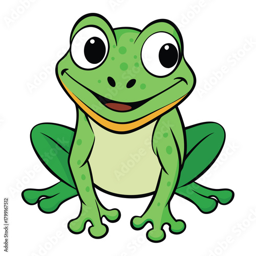 Cartoon Frog Illustration, Green Amphibian with White Background, Smiling Face