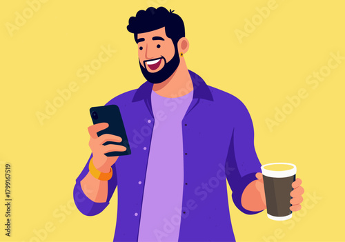 Cheerful Man in Purple Shirt with Coffee and Phone on Yellow Background - Illustration