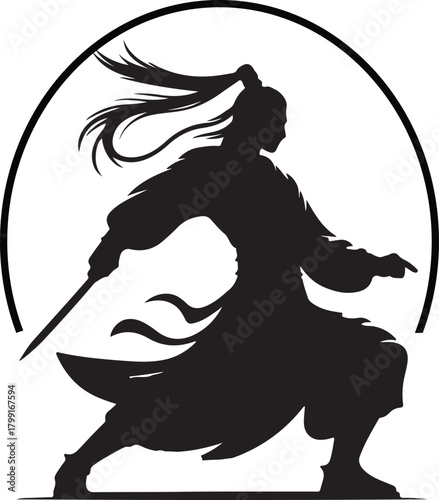 A striking black silhouette of a Chinese warrior, captured in a dynamic pose within a circular frame, showcasing strength and martial arts prowess.