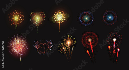 Colorful abstract new year celebration fireworks display explosion in the bright night sky
