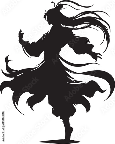 A black silhouette of a Chinese warrior in action, capturing the essence of martial arts and Eastern culture.