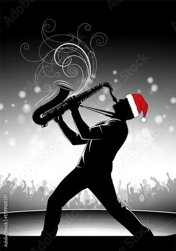 Silhouette of a musician playing the saxophone wearing a Santa hat.