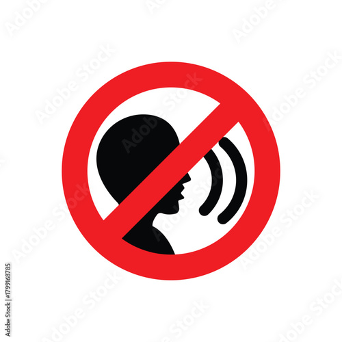 Keep quiet / silent please sign. Crossed person talking / Shhh icon in circle.