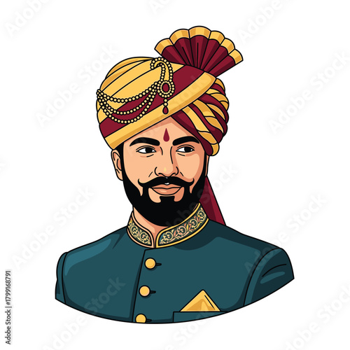 Portrait of a handsome groom wearing a traditional turban and attire, exuding confidence and style isolated on