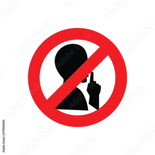 Keep quiet / silent please sign. Crossed person talking / Shhh icon in circle.