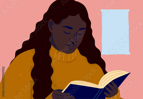 Illustration of a Young Black Woman Enjoying a Book Indoors