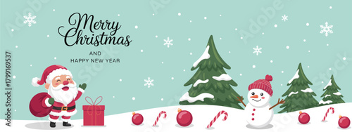 Merry Christmas and Happy New Year Greeting Card – Snowy Winter Landscape with Falling Snow, Cute Santa Claus Character and Cylindrical Product Display Copy-Space