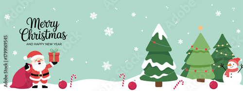 Merry Christmas and Happy New Year Greeting Card – Snowy Winter Landscape with Falling Snow, Cute Santa Claus Character and Cylindrical Product Display Copy-Space