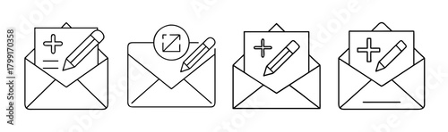 Email management line icons set: compose, edit, add, and share message concepts