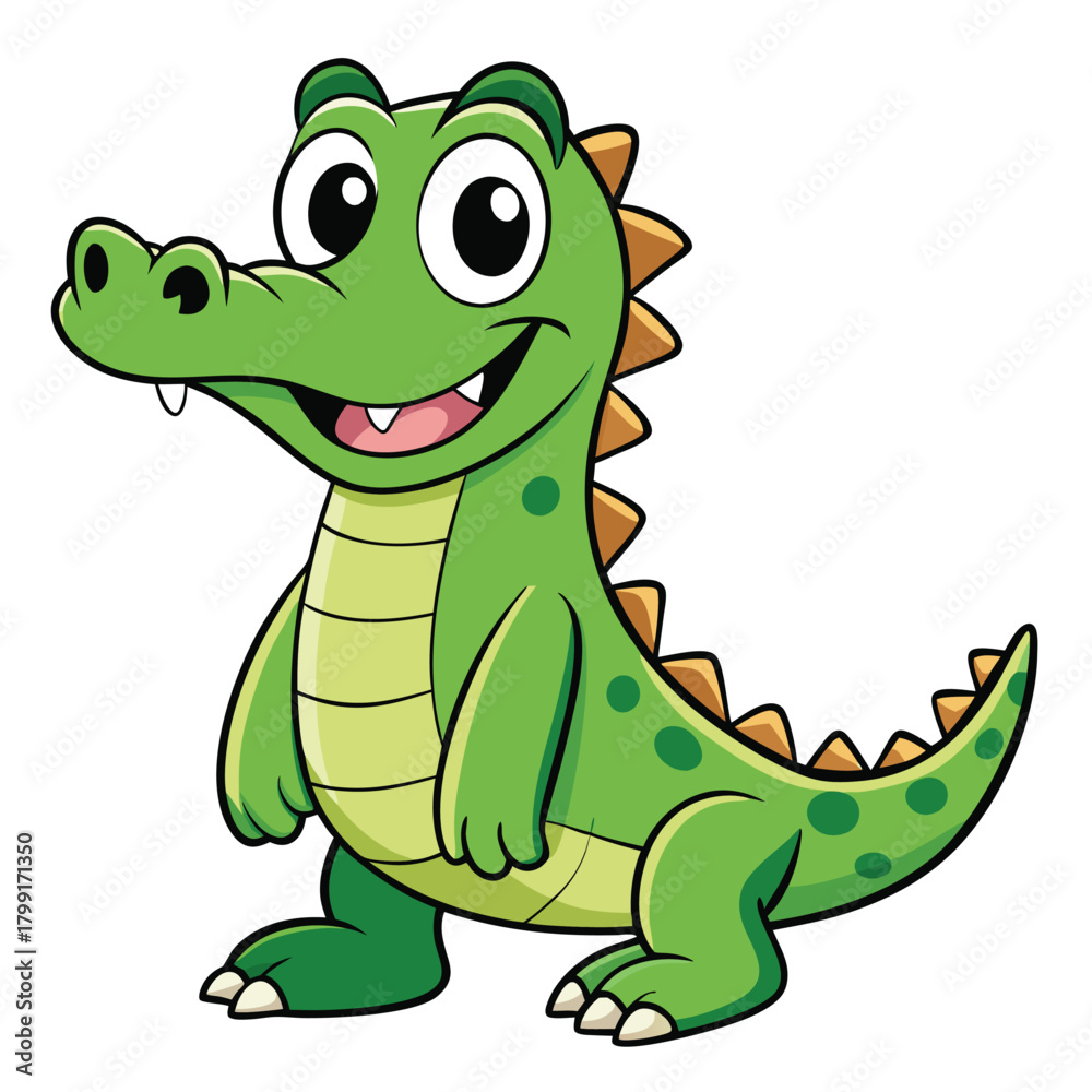 Fototapeta premium Cartoon Green Crocodile with Big Eyes Standing on a White Background