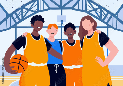 Multicultural Young Basketball Team Posing Happily on Court