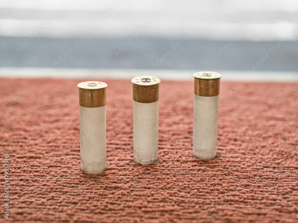 Foto Shotgun shells on a red background at a shooting range