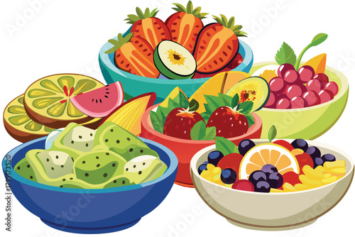 Six bowls filled with assorted fresh fruits are beautifully arranged against a white background