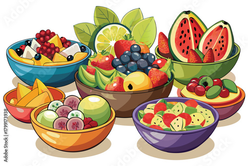 Freshly cut fruits are arranged in vibrant bowls, promising healthy eating and delicious combinations