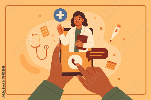 Manos sosteniendo Smartphone con videollamada en pantalla. Paciente con conversación en línea con el médico. Servicios modernos de atención de la salud y concepto de telemedicina en línea. Ilustración