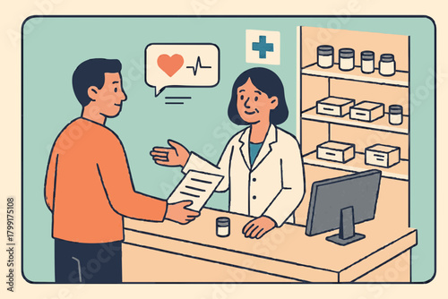 Hombre de pie cerca del mostrador de cajeros y con prescripción médica. Paciente doctor en farmacia consultando al paciente en farmacia. Industria Farmacéutica. Ilustración de vectores planos de dibuj