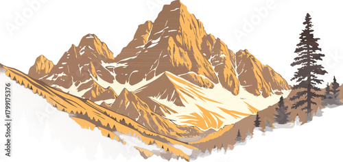 Panoramic desert mountain range glowing in golden hour light, smooth warm gradients, soft shadows, sharp vector outlines, high-resolution 3D vector style, isolated on transparent background, no sky, c