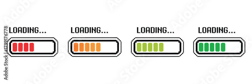 Pixelated Loading Bar Icons – Progress Stage Indicators in Retro Pixel Style for UI, Web Interfaces, Game Design and Digital Status Graphics