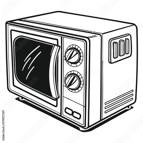 Clean black outline showcases a vintage microwave with dial controls and distinctive line vent