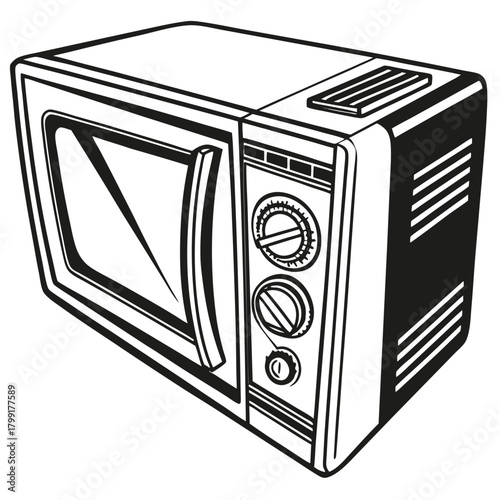Black and white microwave shows simple dial controls with a door for cooking
