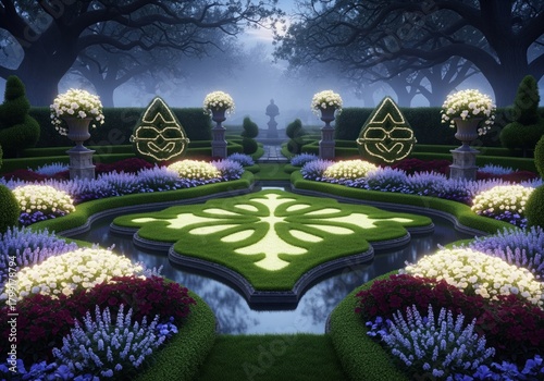 Symmetrical illuminated formal garden parterre featuring glowing patterns and lush flowers