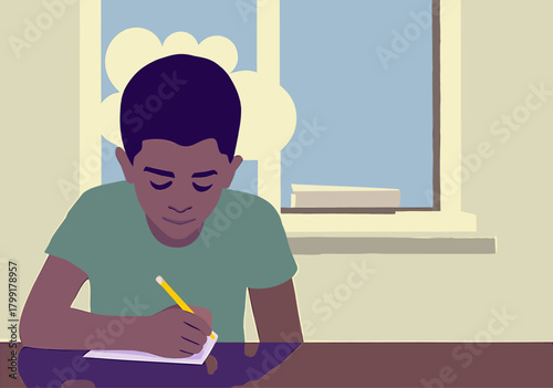 Focused Young Black Boy Studying Diligently in Classroom by Window