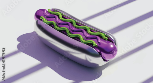 3D Rendered Chrome Hot Dog with Purple Sausage and Green Relish