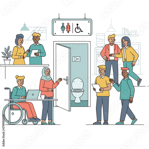 Inclusive workplace with diverse employees and accessible restroom isolated on, promoting equality, diversity, and inclusion in the workplace
