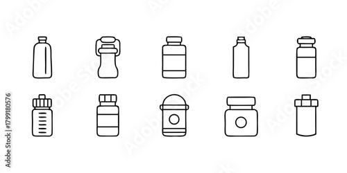 Outline bottle containers show various medical and cosmetic packaging selections on a white background