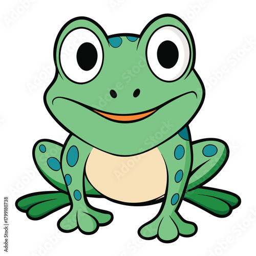 Cartoon Smiling Green Frog on White Background, Cute Animal