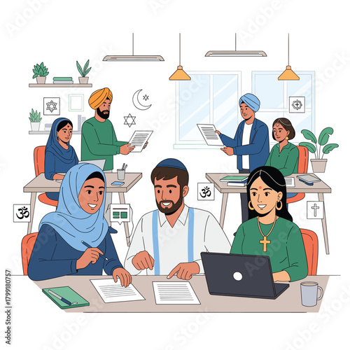 Multicultural team working together in an office, representing different religions and cultural backgrounds isolated on a symbol of diversity and inclusion