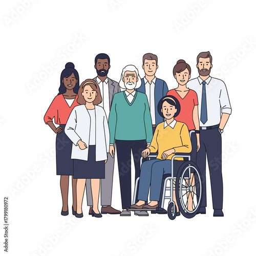 Diverse group of people standing together, representing different ages, ethnicities, and abilities isolated on a symbol of unity and inclusion