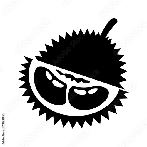 black silhouette durian fruit cut half tropical spiky shell exotic asian food vector icon