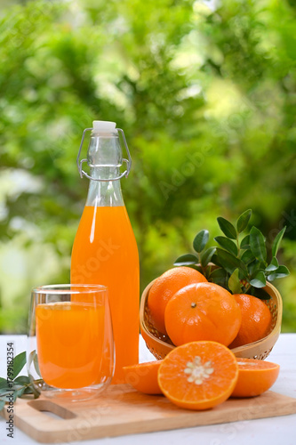 A glass of vibrant, freshly squeezed orange juice, perfectly complemented by a bright orange slice and a rustic wooden juicer, set against a backdrop of nature.