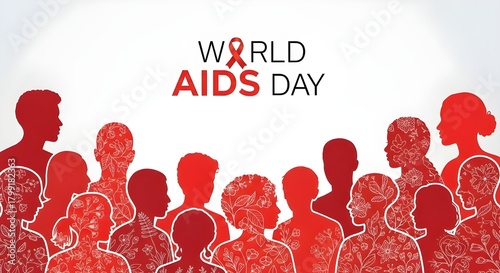 World AIDS Day Vector Banner: Diverse People Silhouettes, Floral Patterns, and Red Ribbon