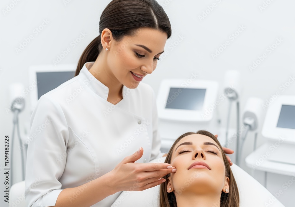 Fototapeta premium Professional aesthetician providing gentle facial skincare treatment to client