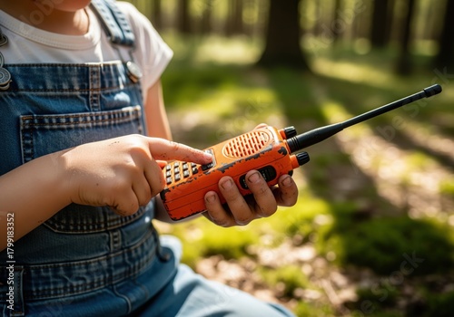 Small hands of a child operating an orange walkie talkie during forest exploration.
