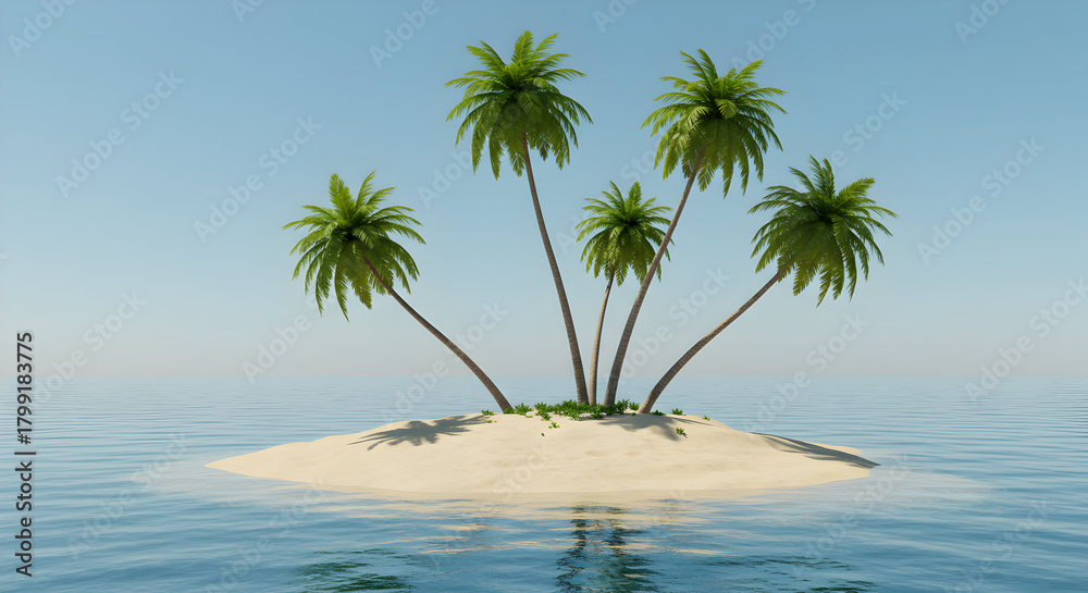 Obraz premium Serene Tropical Island with Five Palm Trees under a Clear Sky