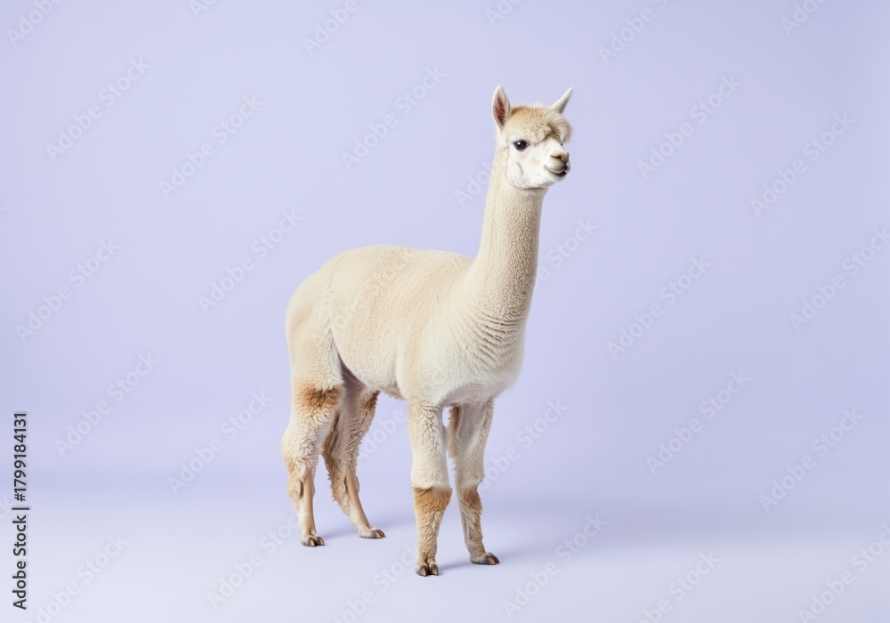 Obraz premium Ultra sharp studio portrait of a perfectly groomed white alpaca standing on a clean light purple background.