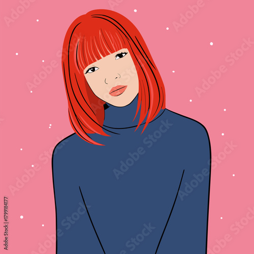 Vibrant Red Haired Woman in Blue Jumper - Studio Portrait Illustration