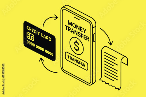 A futuristic vector design showcasing cashless payment technology, where a smartphone interface guides users through efficient digital money transfers for smooth purchasing experiences.