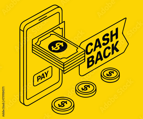 A modern vector concept portraying digital cashback systems, illustrating how shoppers scan receipts or tap their phones to receive automated savings and technology driven shopping rewards.