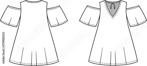 Women’s cold shoulder dress vector template, front and back flat sketch, fashion design illustration for apparel designers and clothing mockups