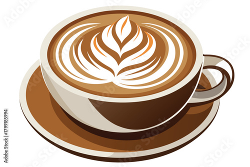 A stylized latte art drawing presents a coffee cup atop a matching saucer