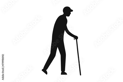 Old Man with Walking Stick Silhouette, Old Man black symbol
