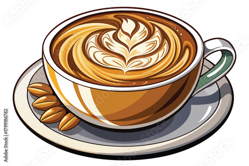 A cup showcasing coffee art sits perfectly on a saucer beside coffee beans